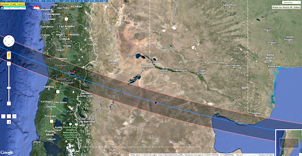 Landfall of the path of totality over Chile and Argentina.  Map courtesy of Xavier Jubier. 