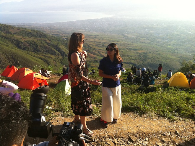 Filming from our vantage point up in Wayu Village, overlooking Palu. (c) 2016, Kate Russo